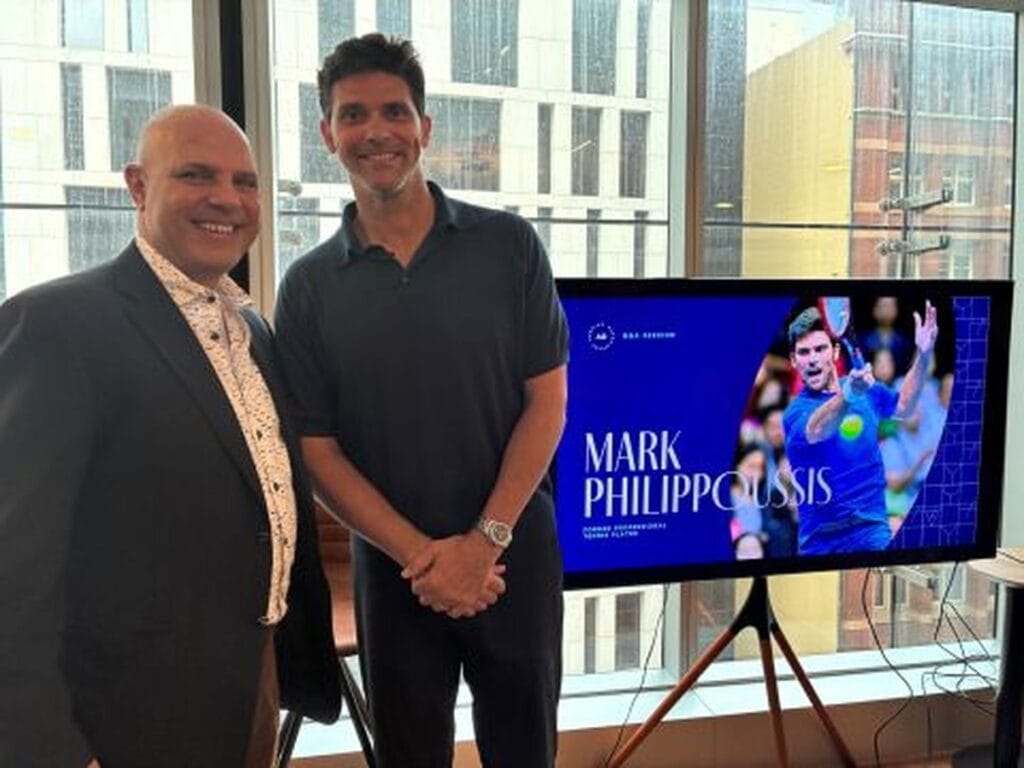 Freddy Mikhael with Australian tennis legend Mark Philippoussis at the CUB Sydney business networking event.