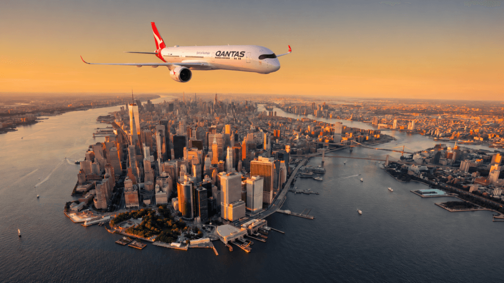 Qantas Project Sunrise Airbus A350 illustration with the New York skyline