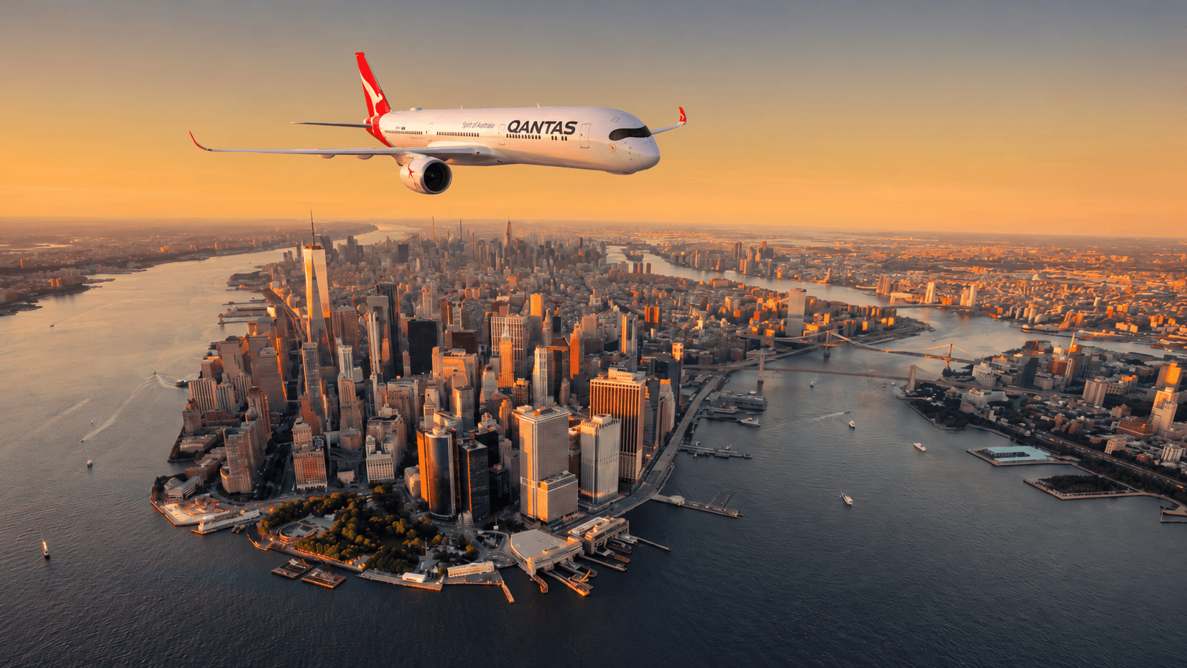 Qantas Sydney to New York Non-Stop Flights Illustration of a Qantas Project Sunrise Airbus A350 flying over New York